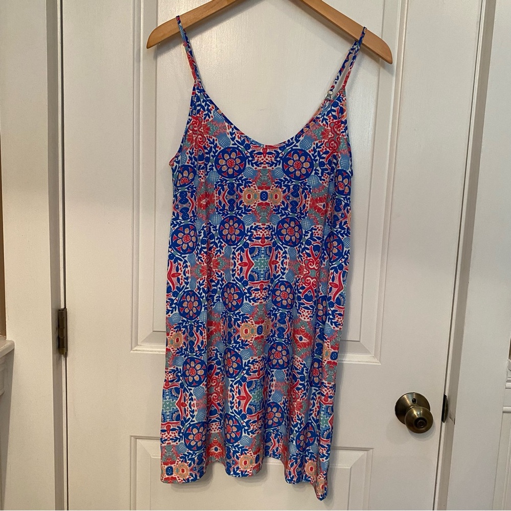 KAELI SMITH DRESS MINI SHIFT BLUE WHITE RED FLORAL SPAGHETTI STRAP SLIP SIZE S